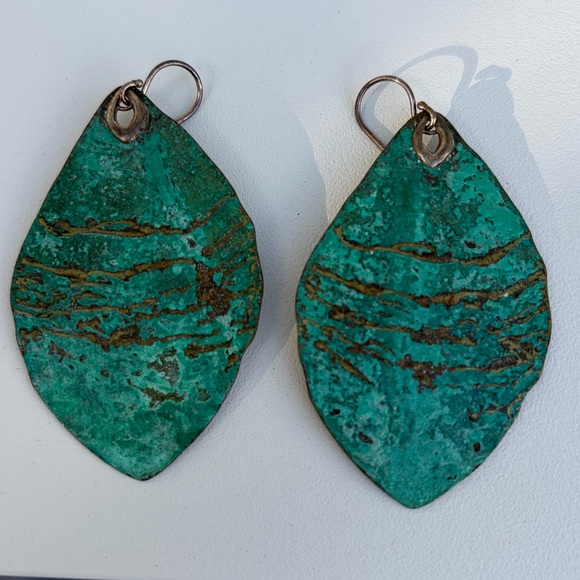 Artisan Jewelry - Large Vintage Patina Leaf Earrings